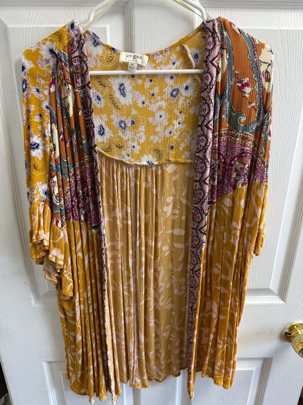 Umgee Mixed Print Open Front Kimono Cardigan Goldenrod Yellow Size M/L